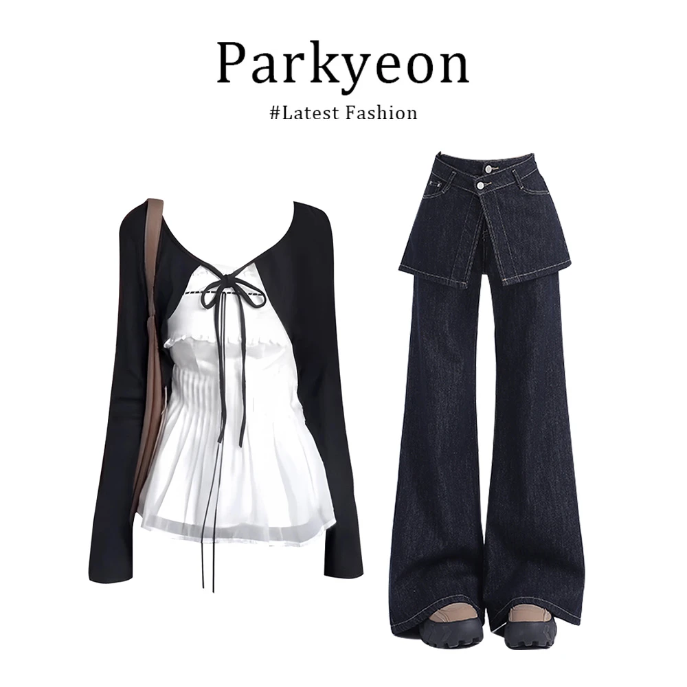 parkyeon日式辣妹气质超美内搭针织衫时尚修身牛仔裤爆款秋季套装