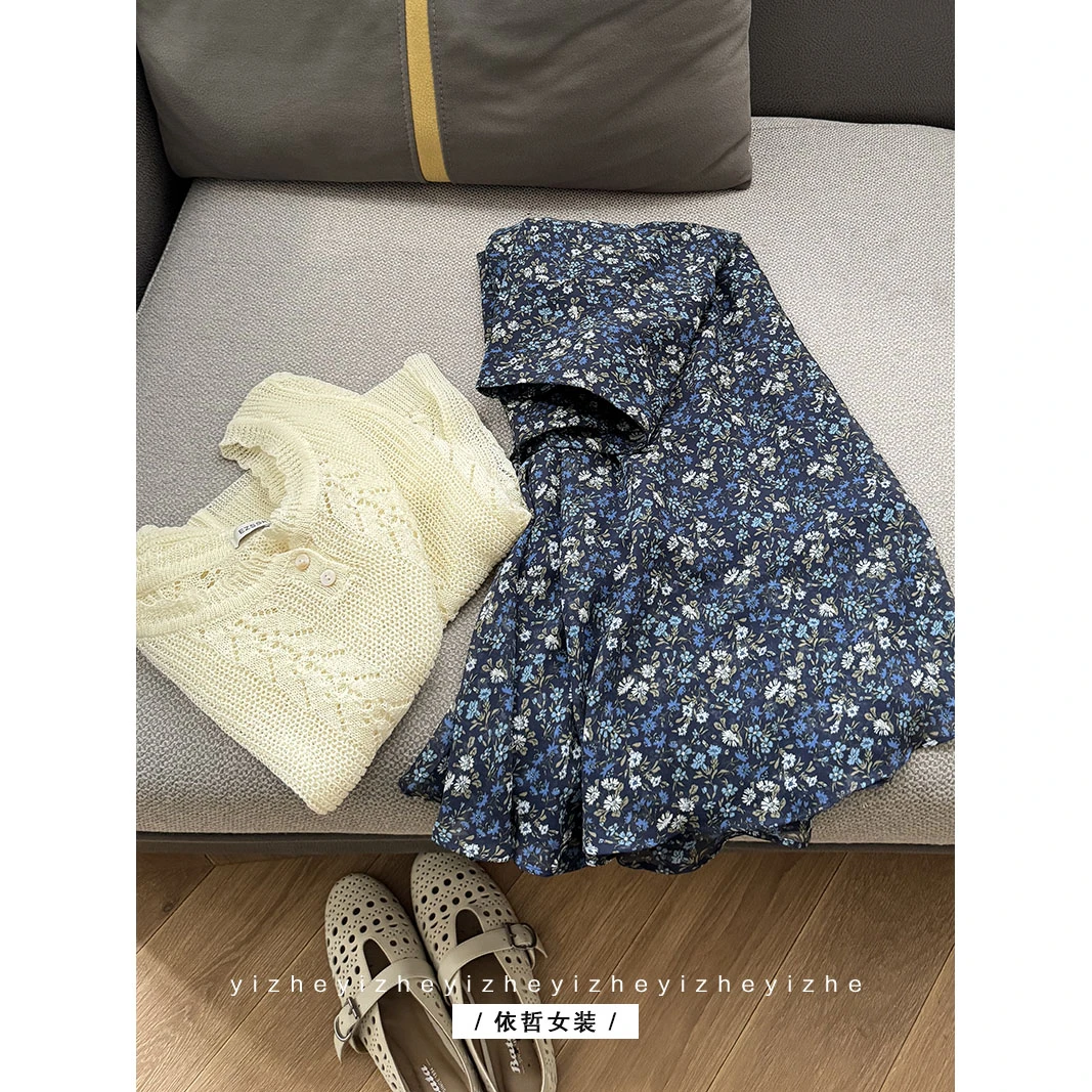 “”蓝碎花“”女春款显瘦半身裙女半身裙带内衬