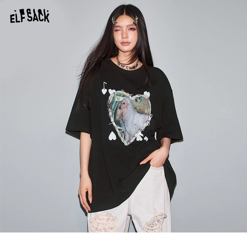 妖精的口袋黑色爱心印花短袖t恤女2025夏宽松小众上衣25205319
