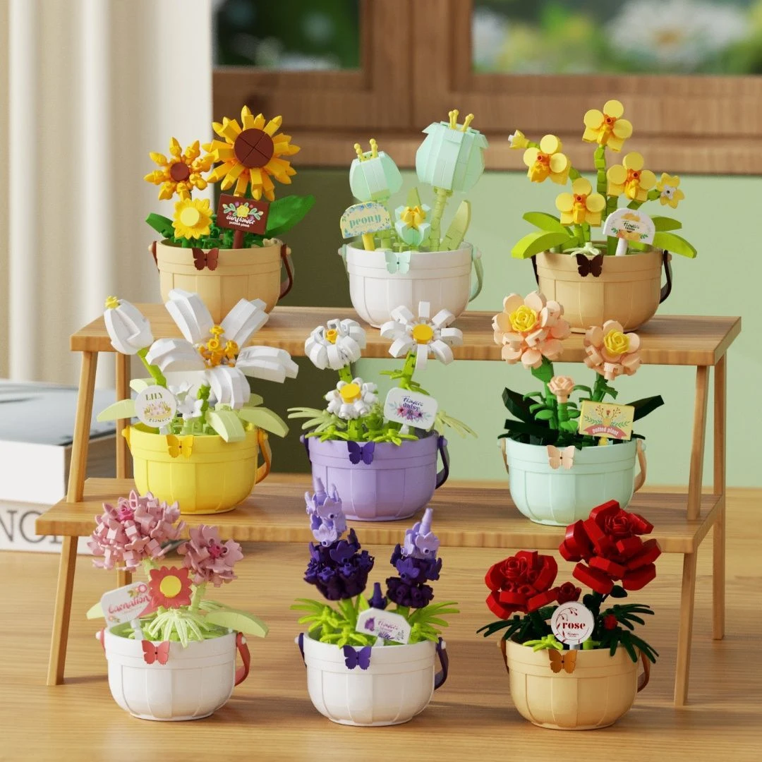 积木盆栽永生积木花束花篮向日葵玫瑰摆件茶杯花益智玩具女孩礼品