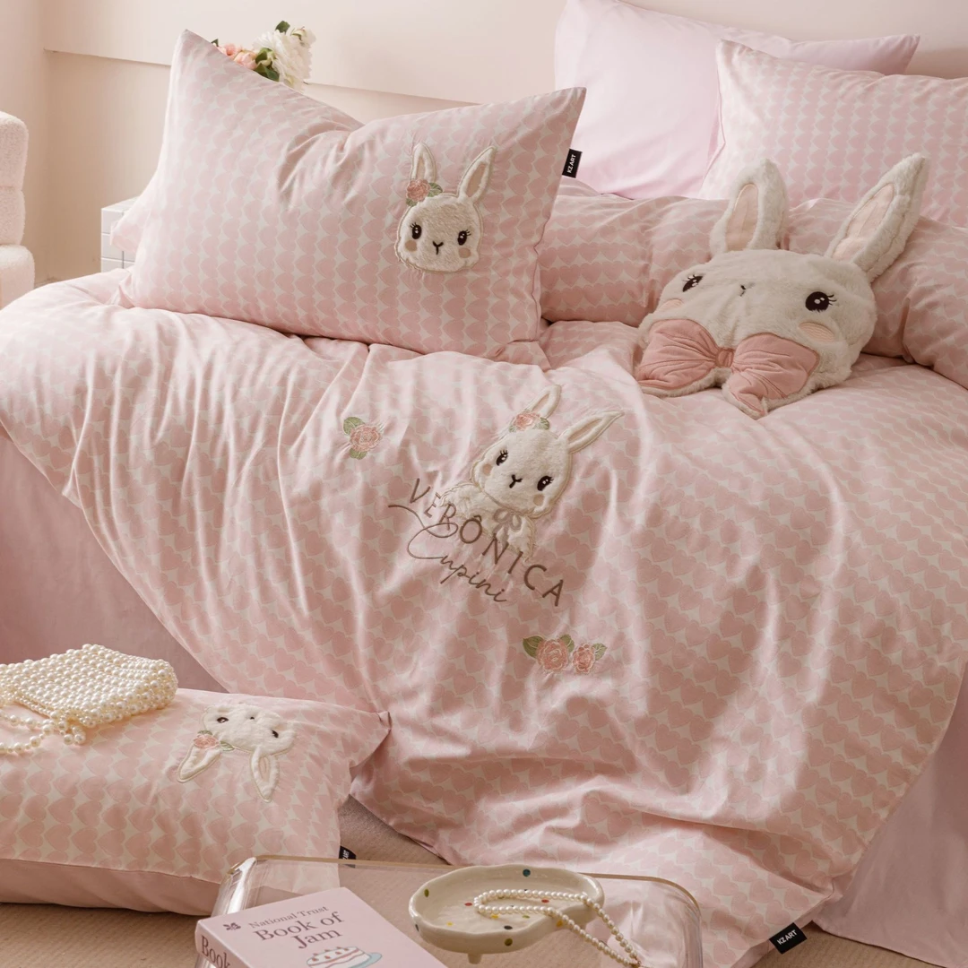 【设计师 刺绣款】新款奶萌兔刺绣纯棉a类四件套全棉少女心粉色