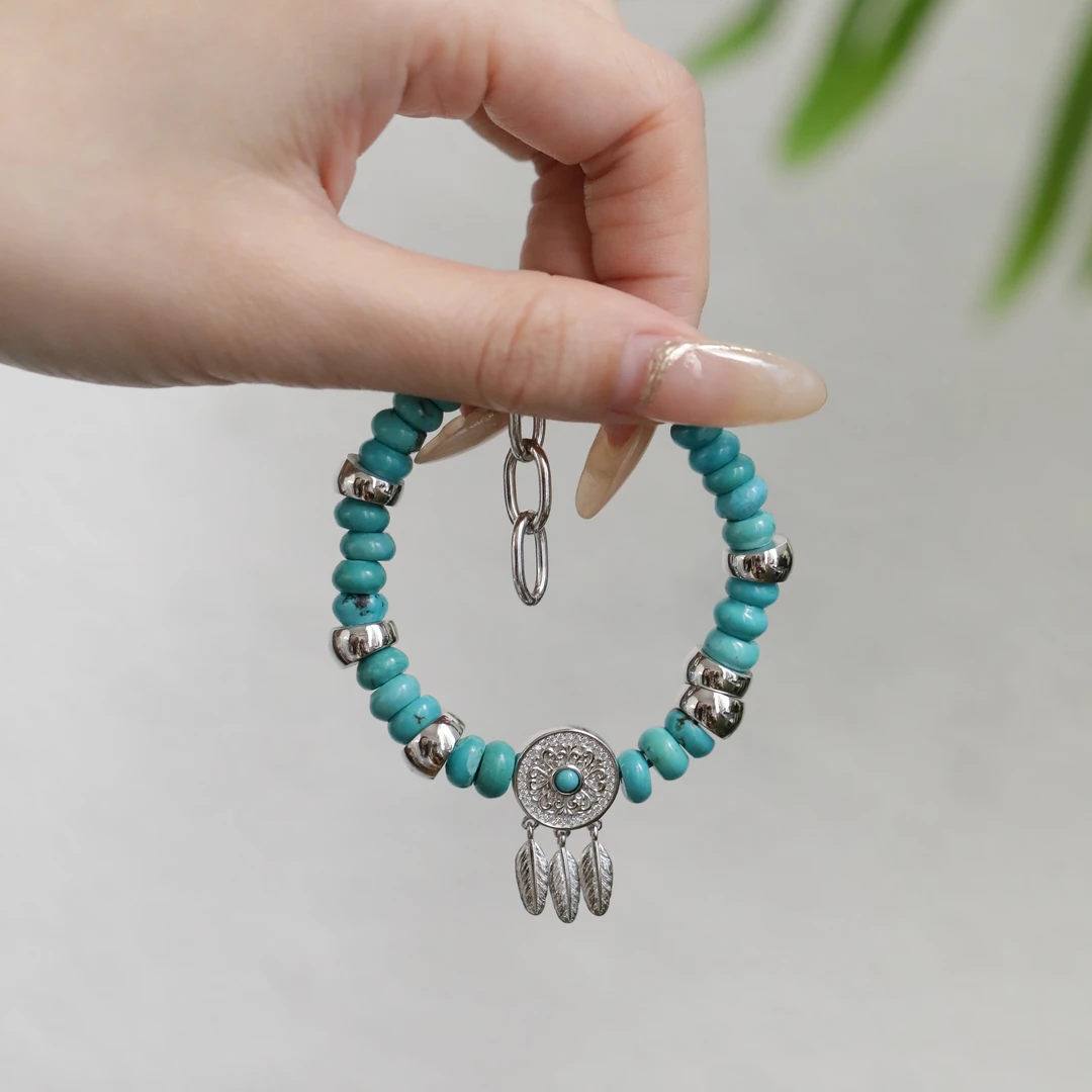 S11312<非晚>S925银松石算盘珠捕梦网羽毛流苏配件手链多样性发