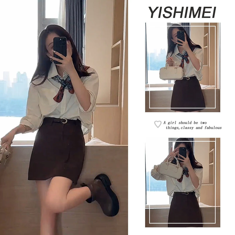 套装女2025年新款爆款通勤百搭翻领衬衫显瘦短裙两件套