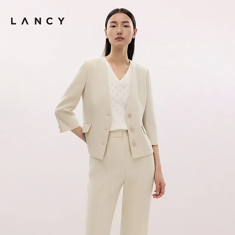 LANCY/朗姿2025年夏新款气质三醋酸V领收腰短款七分袖西装外套女