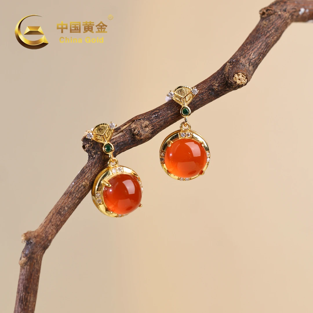 【中国黄金】s925银南红蛋面耳钉-R1371-臻