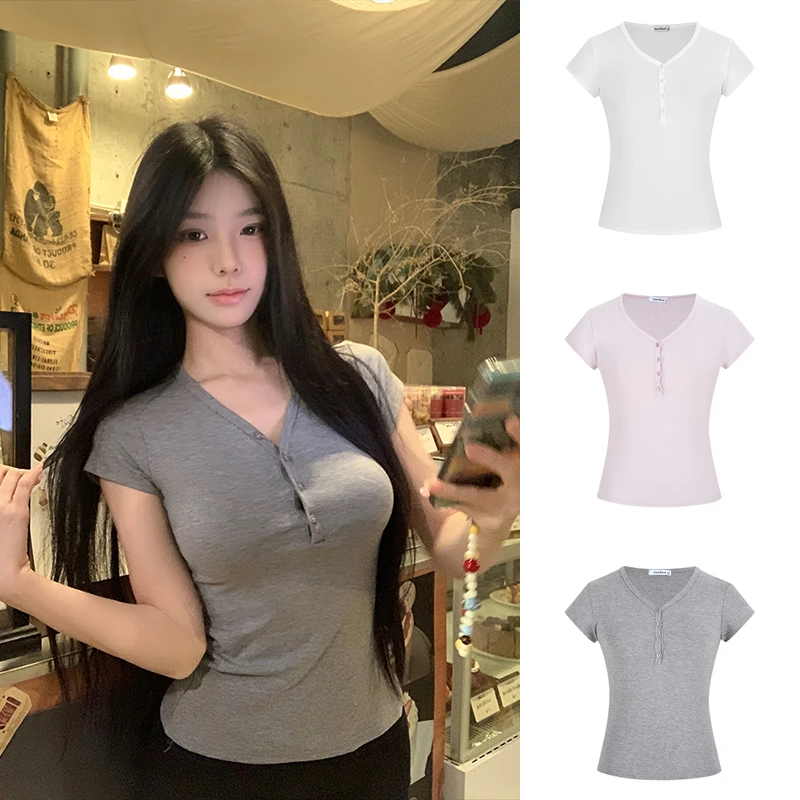 【莫代尔】螺纹棉v领纽扣修身显瘦弹力短袖t恤女夏装纯欲风上衣