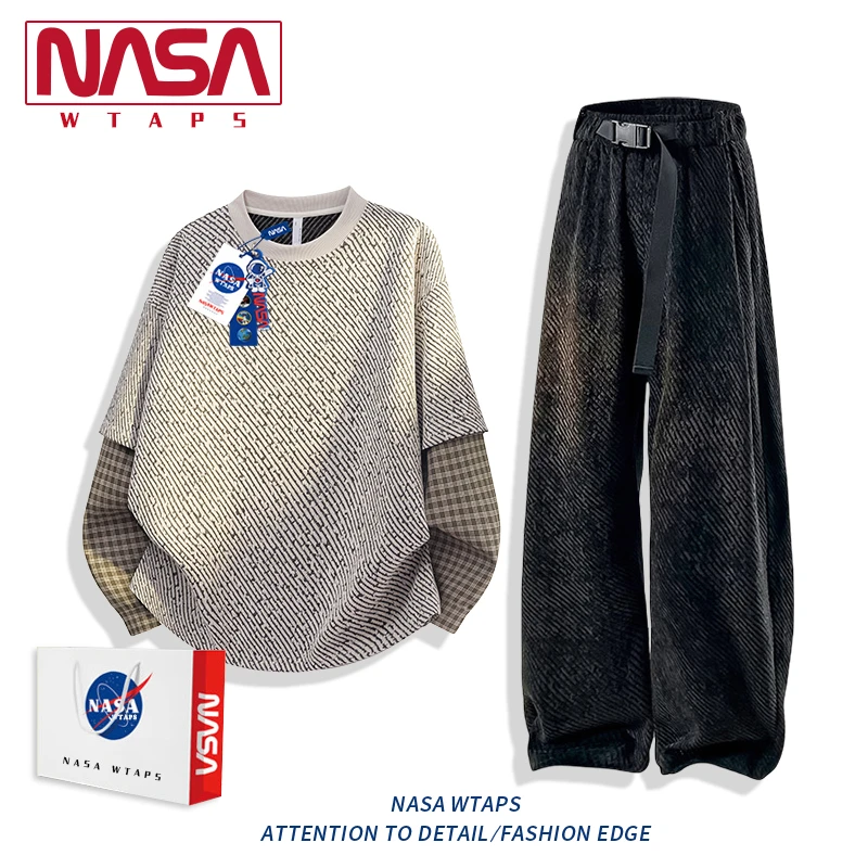 NASA WTAPS休闲运动套装男款秋季假两件格子拼接卫衣搭配休闲长裤