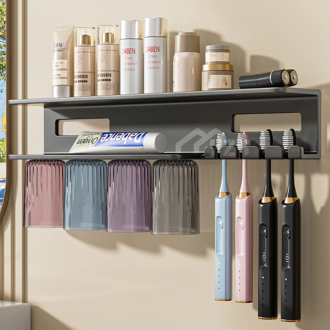 卫生间牙刷架置物架免打孔镜柜洗漱台礠吸漱口杯牙杯电动刷牙杯子