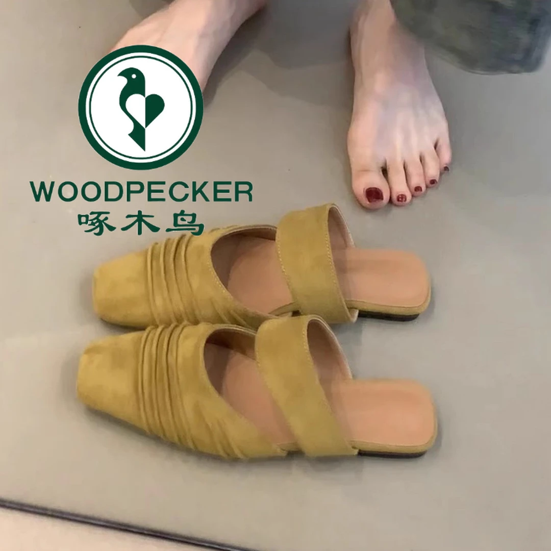 啄木鸟方头褶皱平底穆勒鞋一脚蹬法式晚晚风气质包头半拖鞋女外穿