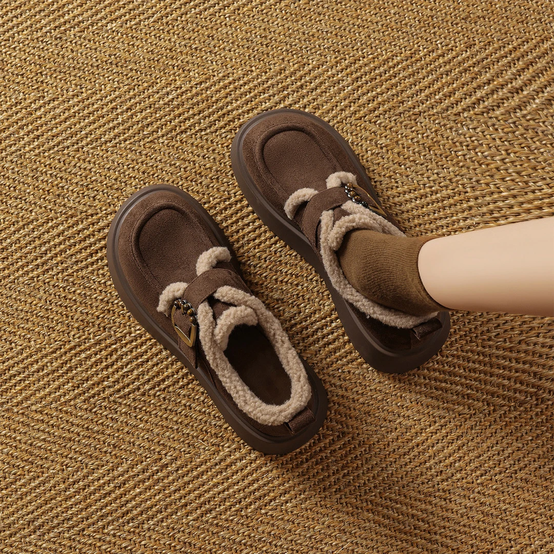 华耐厚底毛毛鞋棉鞋女2025秋冬季新款加绒保暖勃肯鞋小个子乐福鞋