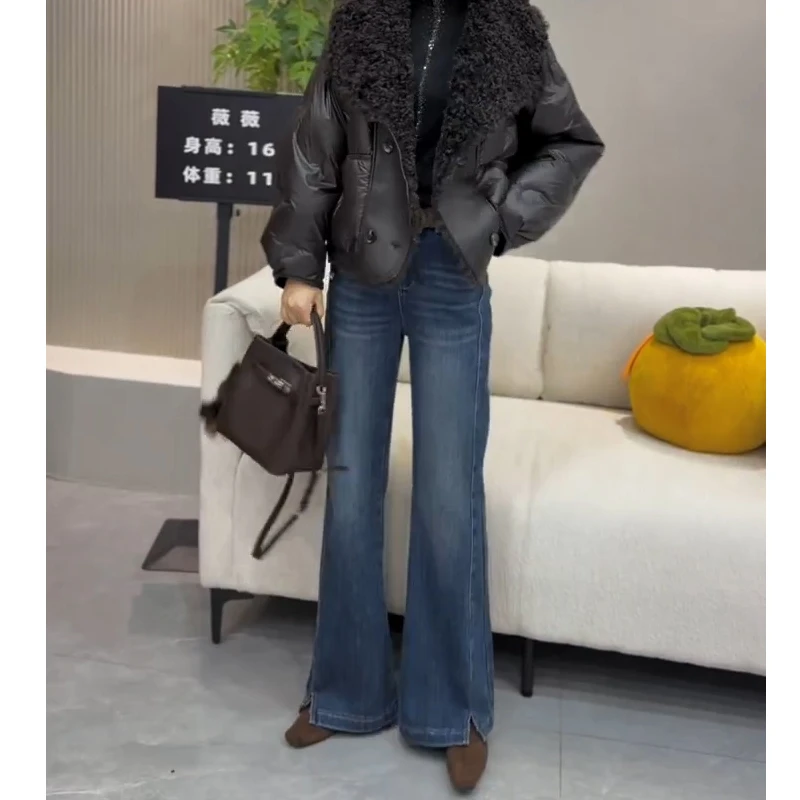 蓝色弹力微喇牛仔裤女2025秋冬新款加绒大码高腰宽松显瘦拖地长裤