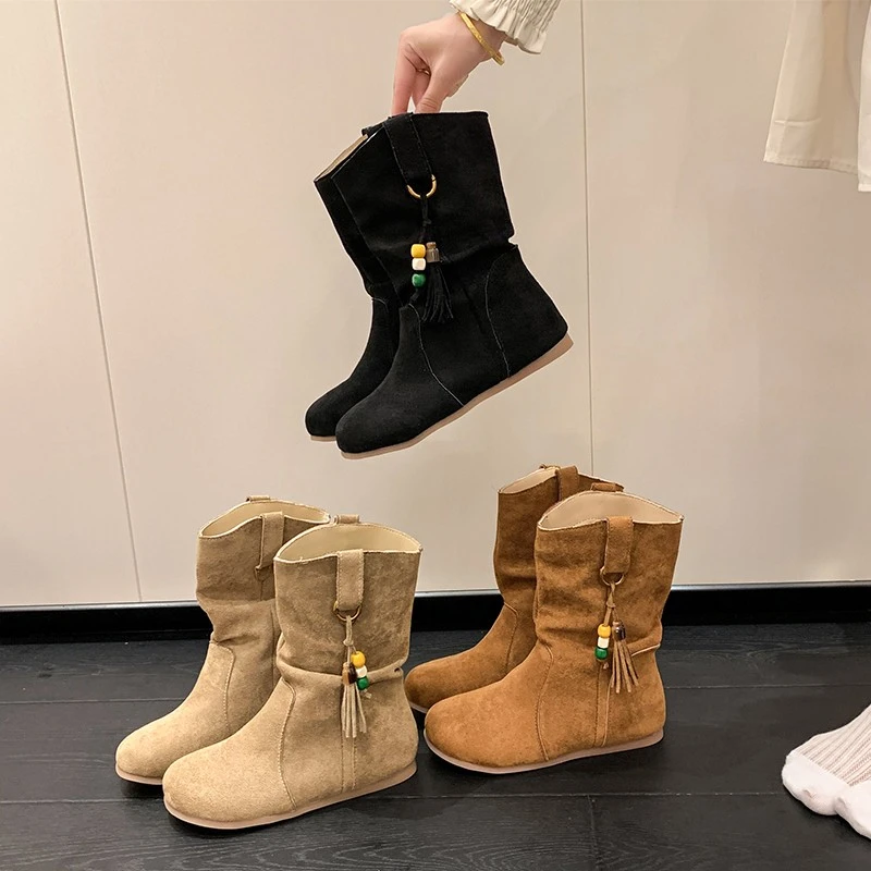 增高复古平底短靴女款2025秋季新款圆头勃肯堆堆靴韩版百搭马丁靴