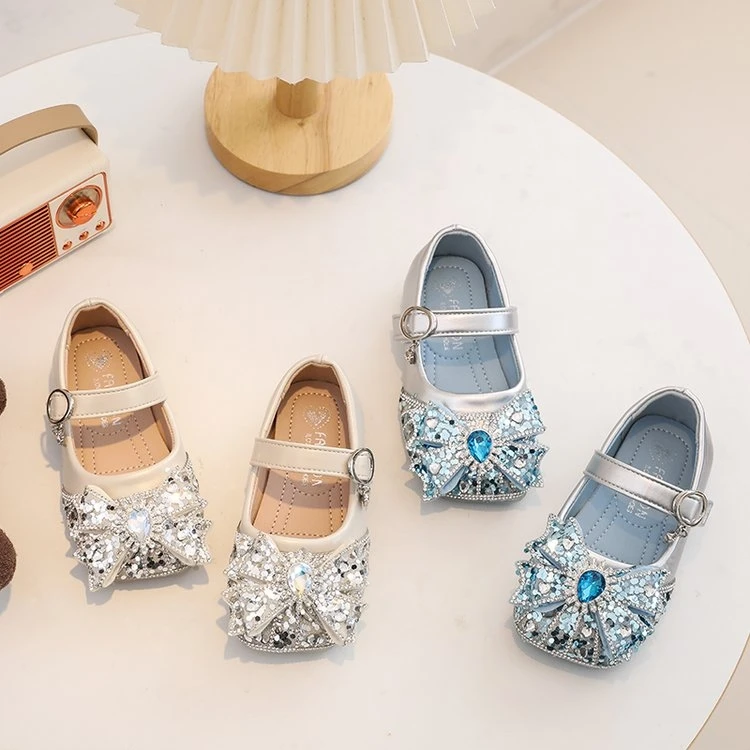 女童时尚公主水晶鞋2025夏季新款女宝水钻蝴蝶结单鞋浅口皮鞋6113