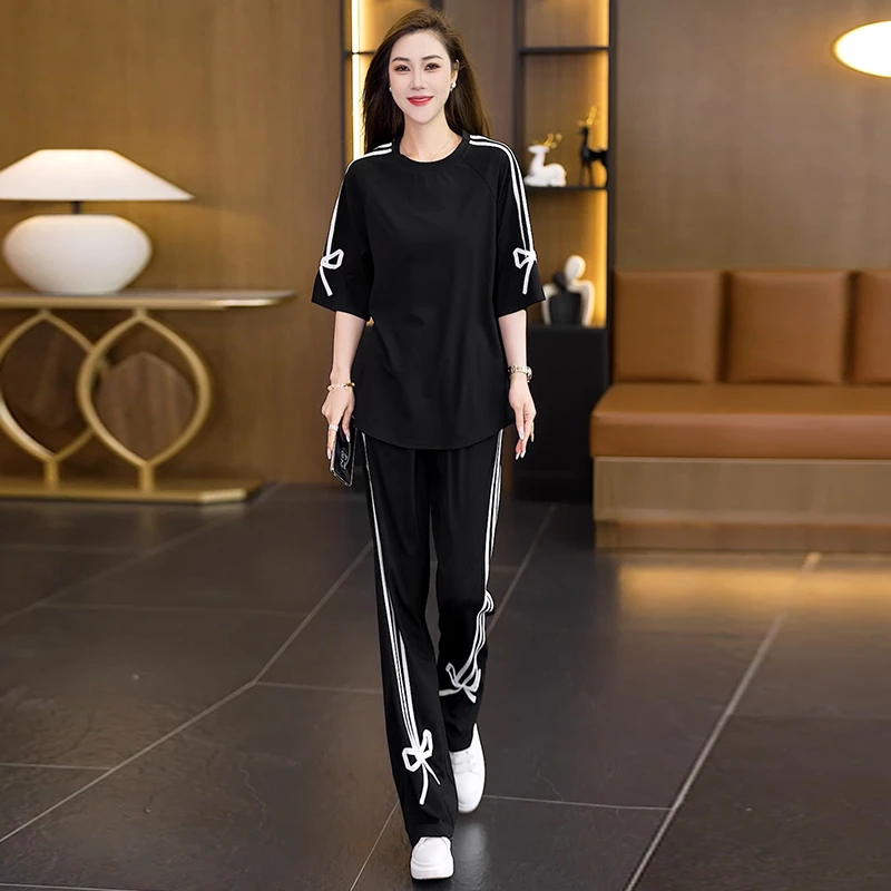 时尚套装2025夏季新款韩版设计感蝴蝶结条纹上衣阔腿裤两件套