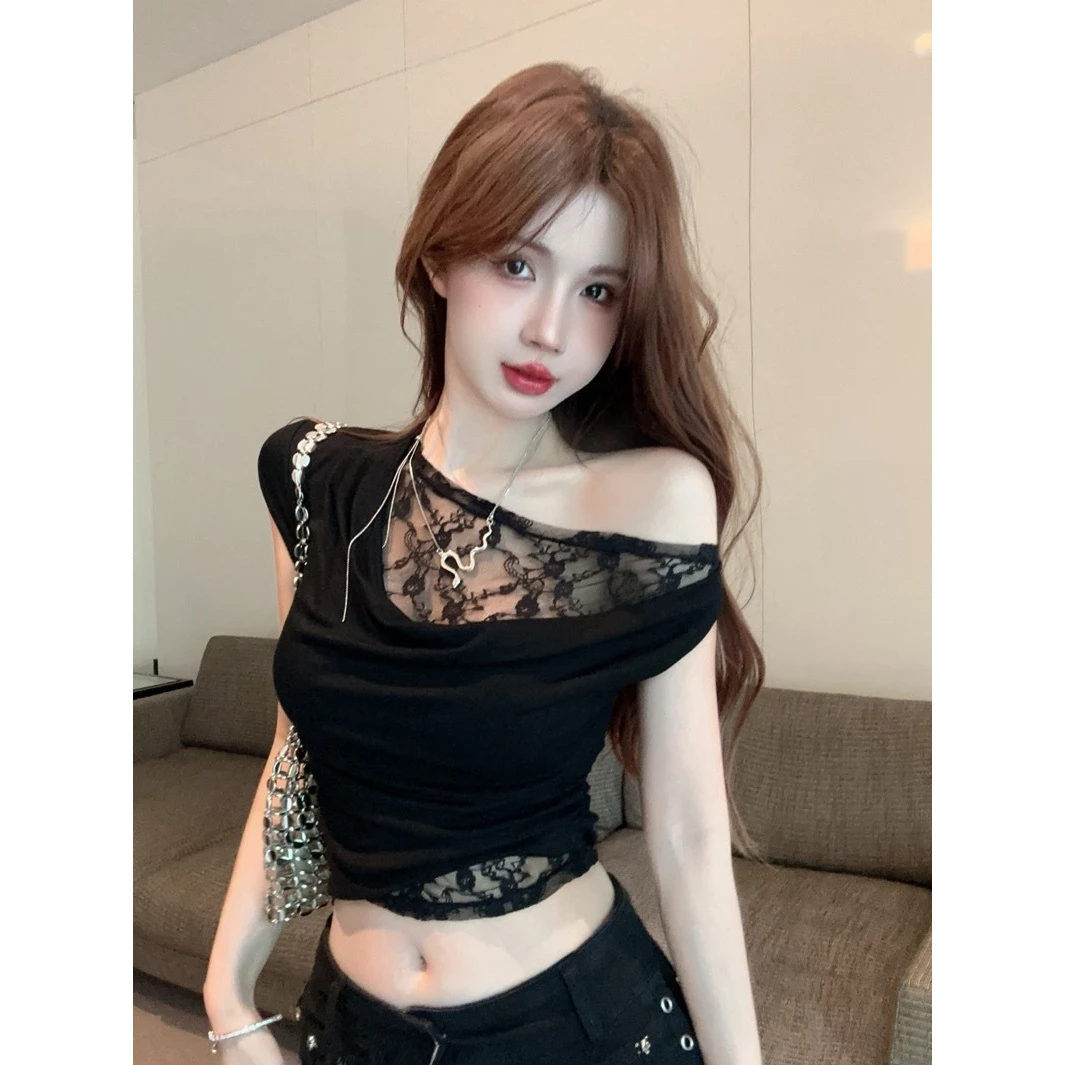 不规则荡领蕾丝短袖t恤女夏纯欲甜辣妹性感一字肩斜肩小上衣绝美