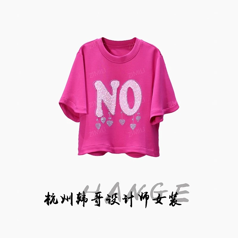 【韩哥女装】2025欧货《风情》丹紫红字母珠片绣高克重短袖7820-C6