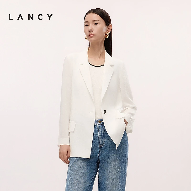 LANCY/朗姿2025夏新款气质简约轻薄一粒扣西装女气质通勤白色外套