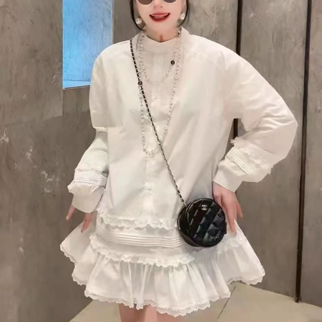 木耳花边拼接宽松遮肉显瘦遮屁股纯色衬衫