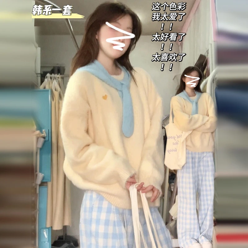 美式复古黄色马海毛圆领内搭毛衣女宽松学院风高级感针织衫初秋季