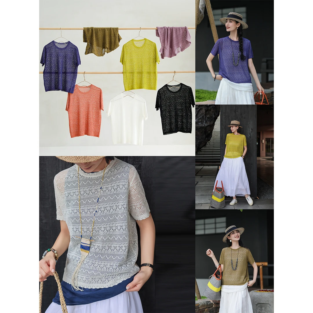 麻霖夏新品亚麻莱赛尔镂空提花肌理感文艺休闲针织上衣【无尽夏】