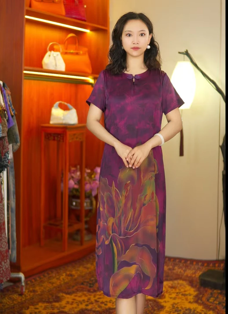 紫  绚丽  气质中长款夏季时尚连衣裙百搭遮肉裙子10103-888