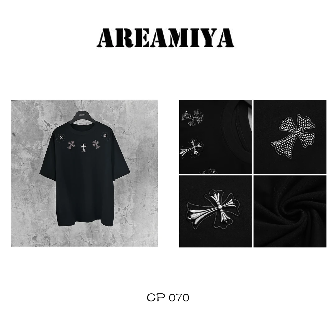 （芊诺潮牌）重工经典十字架烫钻短袖CP070