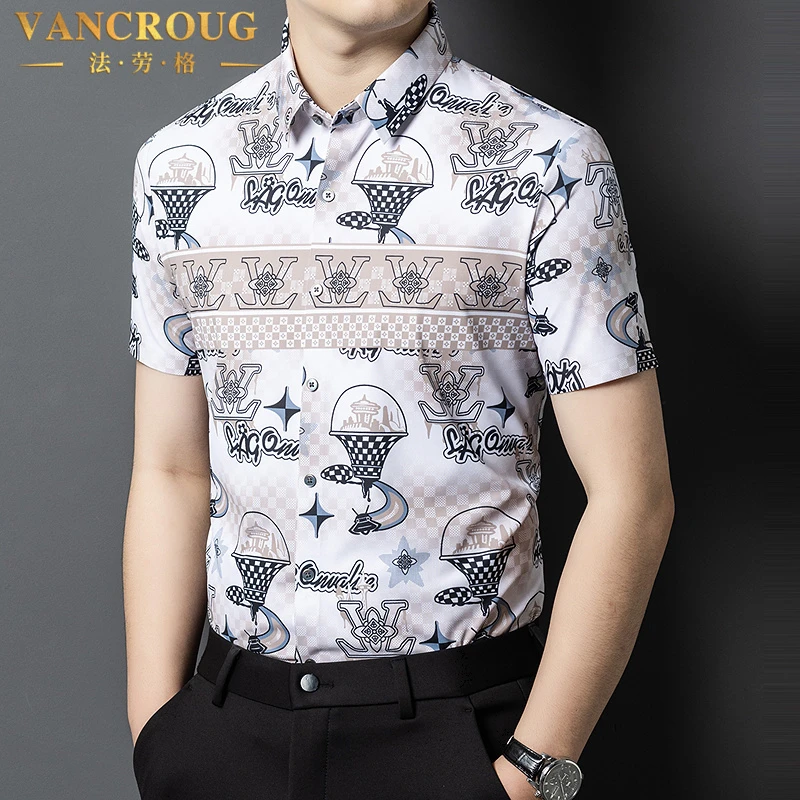 VANCROUG/法劳格短袖衬衫男士夏季无痕时尚潮流休闲透气度假i衬衣