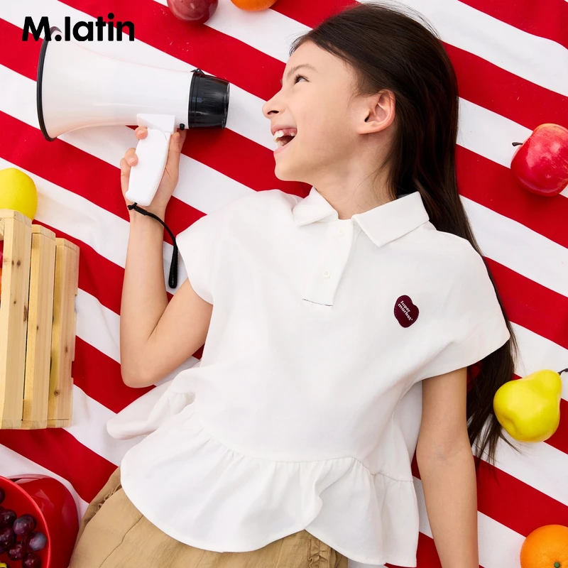 马拉丁儿童T恤25夏新款女大童不规则荷叶边polo领短袖T恤