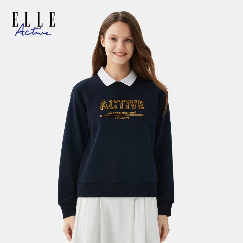 ELLE Active纯棉舒适运动卫衣女圆领长袖上衣字母印花休闲套头衫