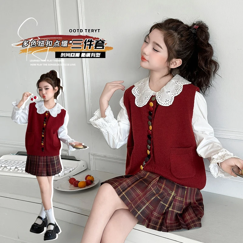 女童衬衫马甲春装2025春季新款衬衫百褶裙三件套女童洋气马甲套装