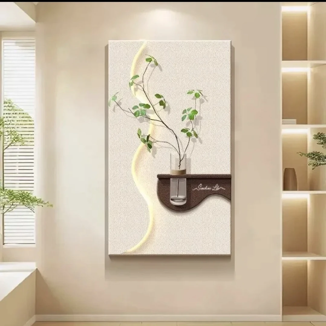 奶油风客厅走廊过道水培绿植砂岩挂画入户玄关创意壁灯装饰画5080