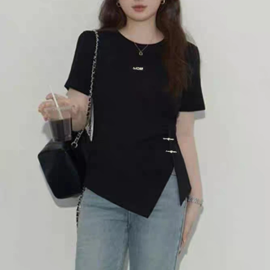 045夏季新款短袖纯棉T恤休闲百搭工艺款常规版型不规则设计