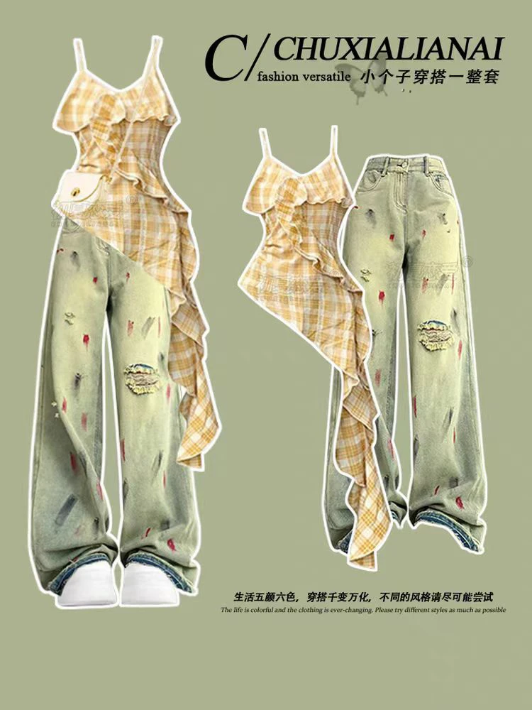 夏日韩版辣妹套装不规则荷叶边吊带上衣复古泼墨破洞牛仔裤两件套