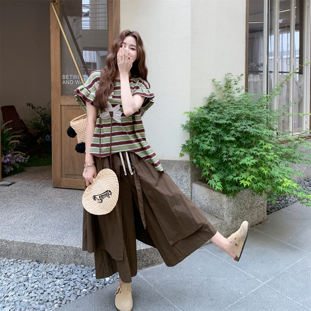 撞色条纹花边袖不规则上衣套装女2025夏季新款设计感阔腿裤两件套