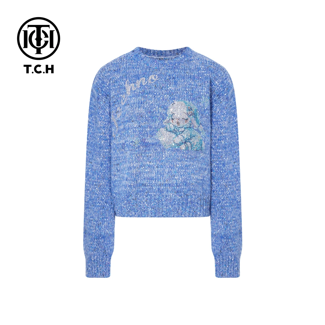 TCH【柔软舒适】冬款时尚烫钻蓝色休闲风女装针织衫T75D09E1162
