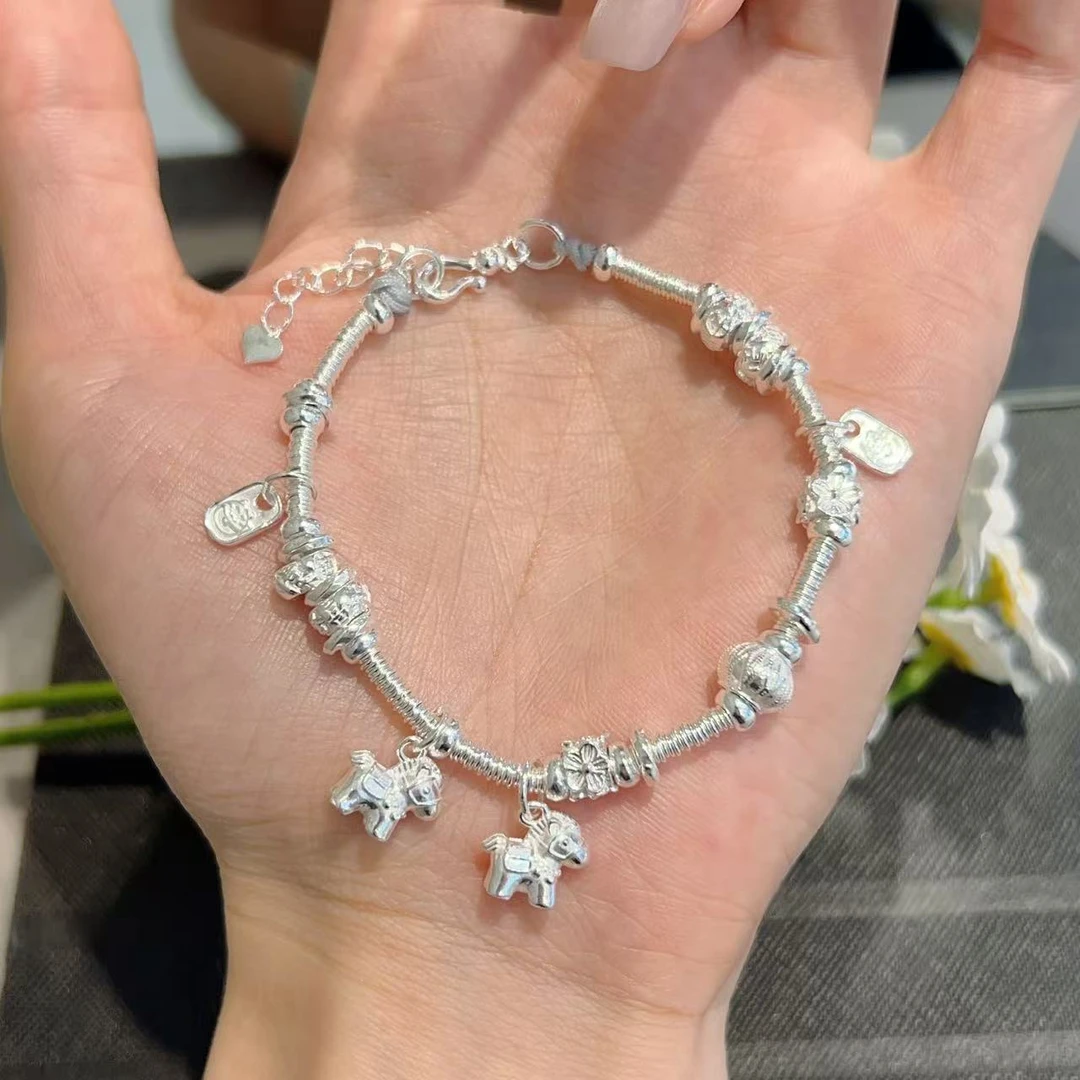 足银手链 90足银手链 纯银双马手链 流苏小吊坠 精致可爱 送礼物