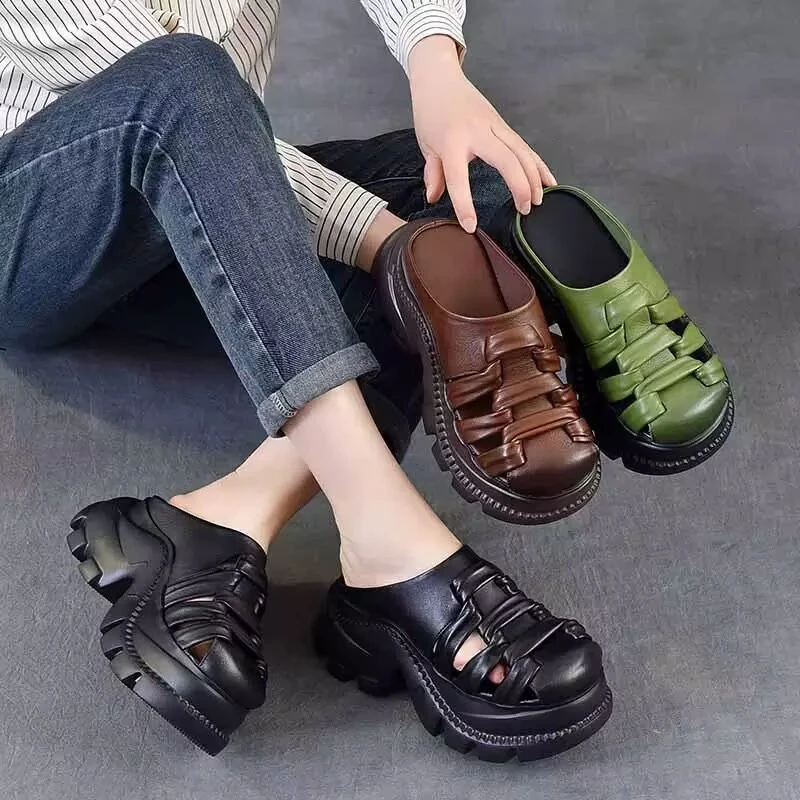 夏季外穿包头半拖鞋女时尚松糕厚底软底牛皮编织罗马凉鞋拖鞋女鞋