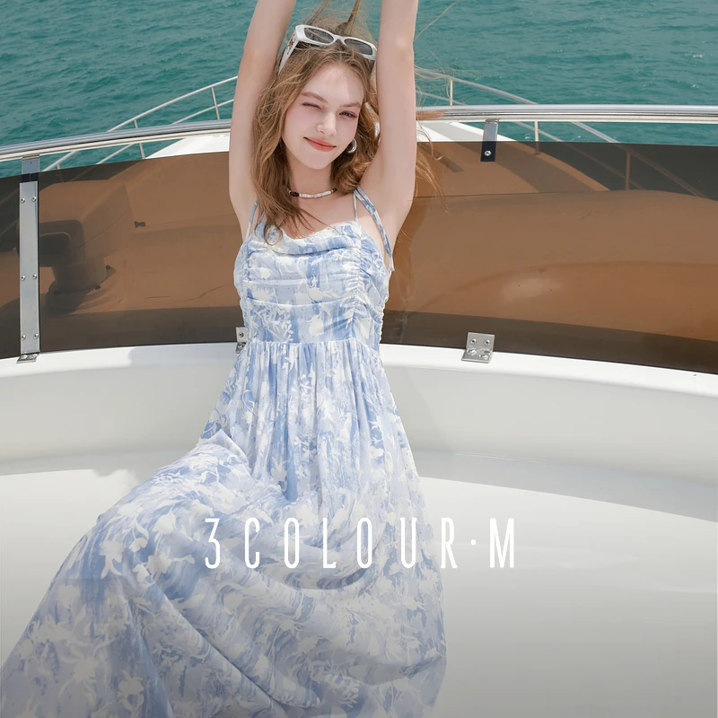 三彩2025夏季新款蓝色碎花吊带裙无袖高腰连衣裙显瘦A字裙长裙女M