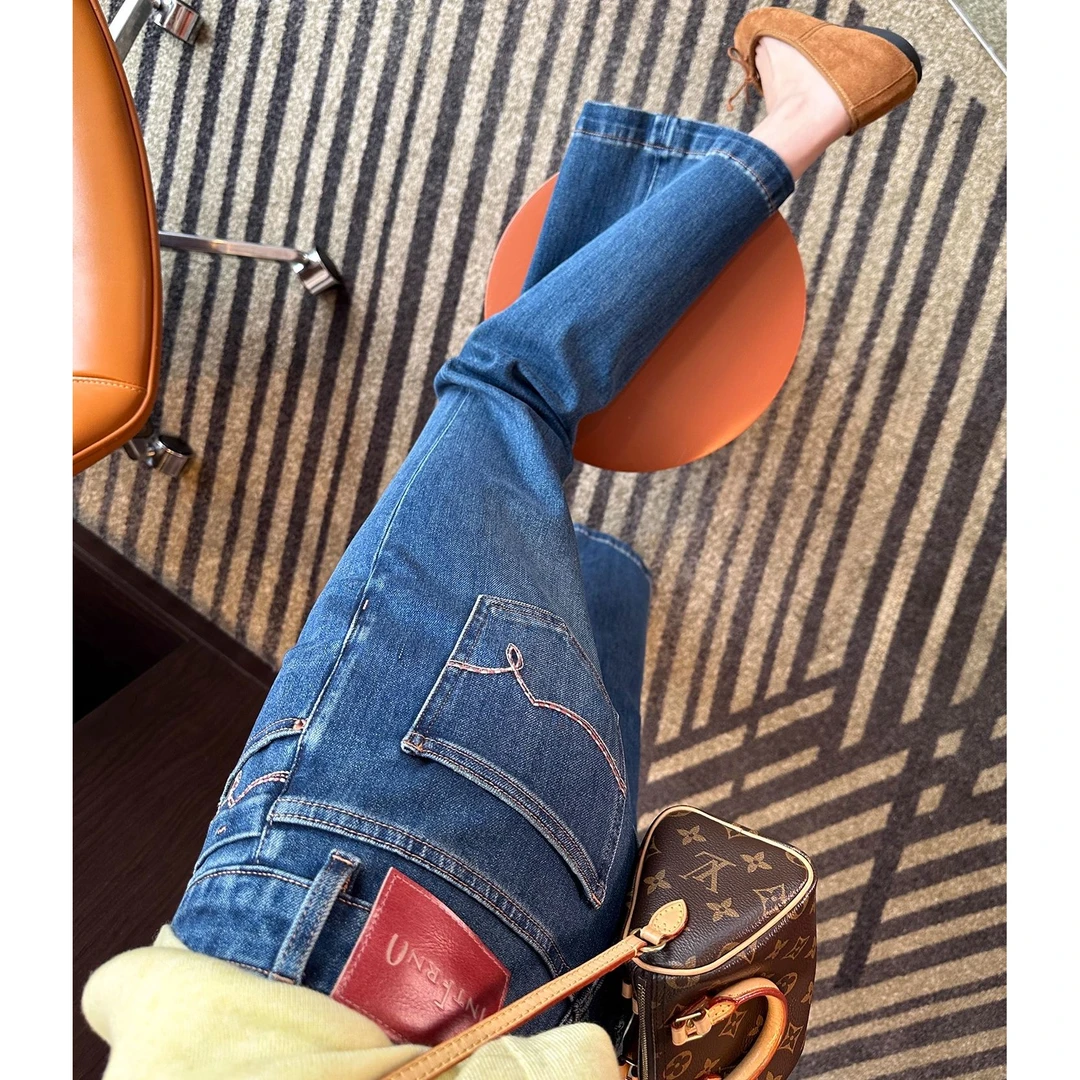 复古蓝高腰弹力九分微喇牛仔裤女秋季新款梨形身材修身显瘦喇叭裤