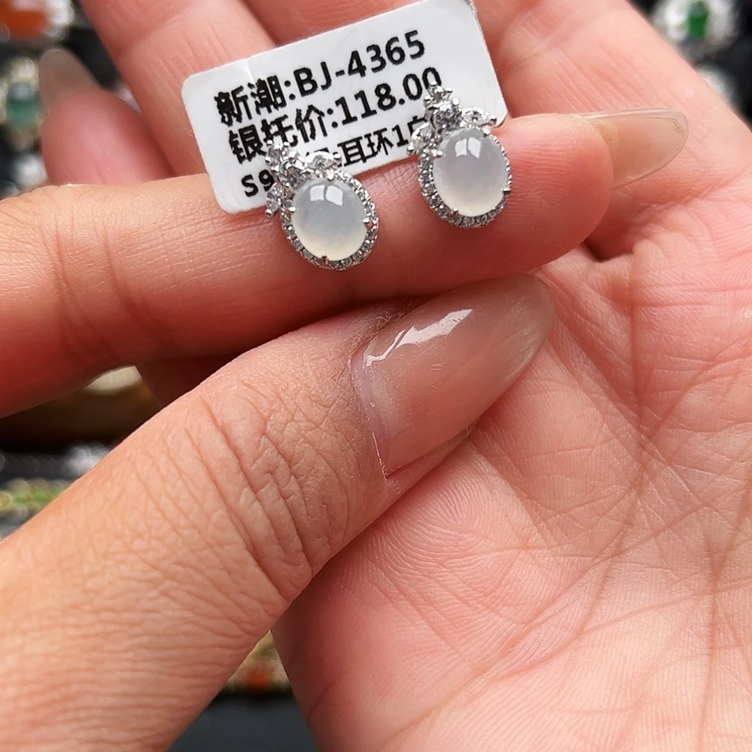 翡翠银S925镶嵌戒指缅甸天然A货翡翠耳钉