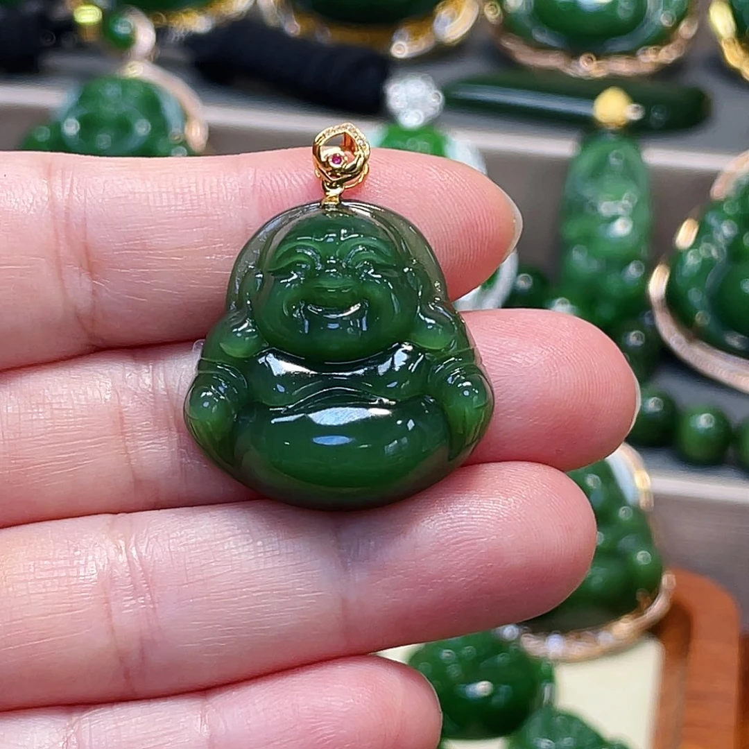 和田玉（碧玉）颈饰18K金镶嵌冰绿佛公28
