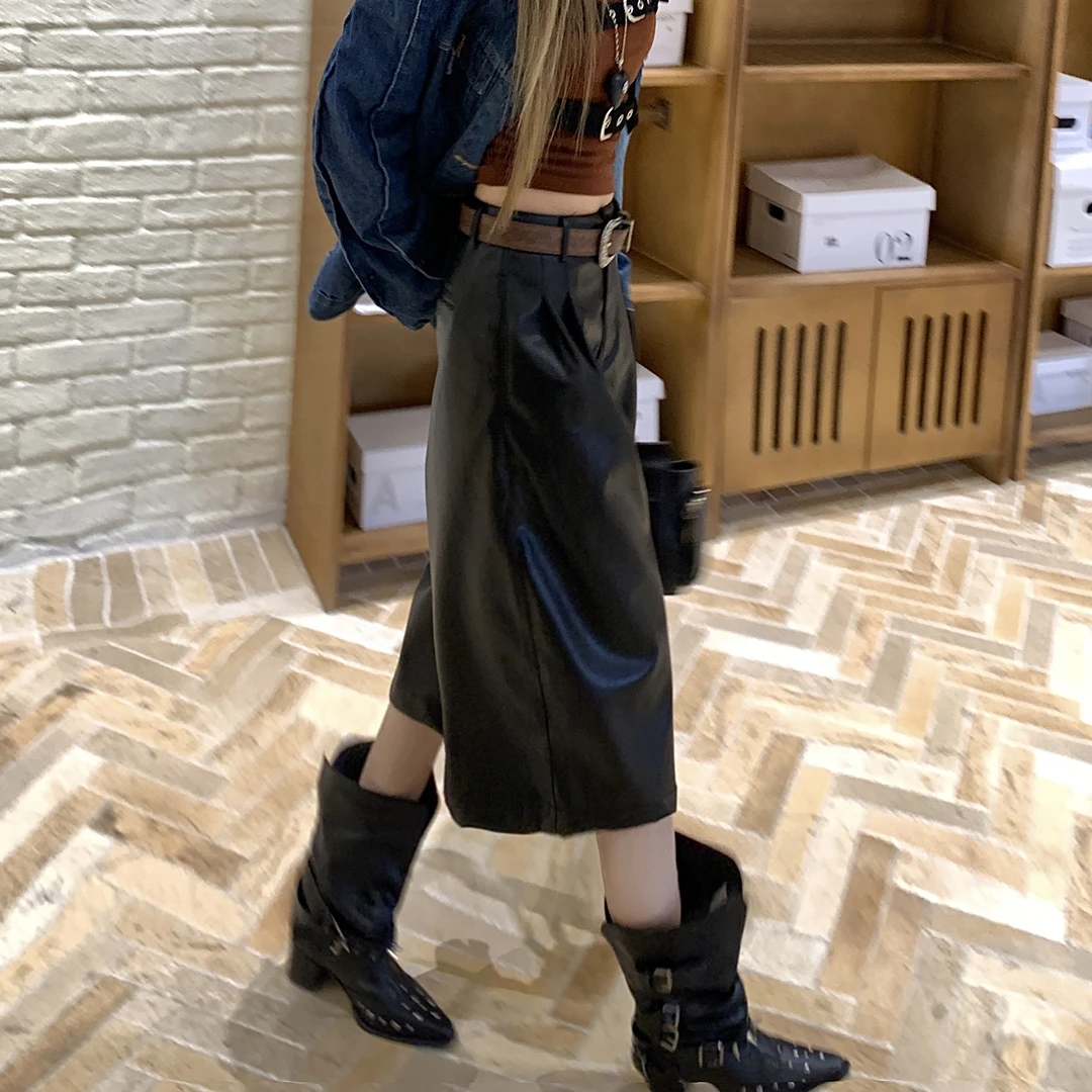 小个子休闲阔腿裤女高腰宽松七分裤2025年秋冬新款潮酷PU皮靴裤