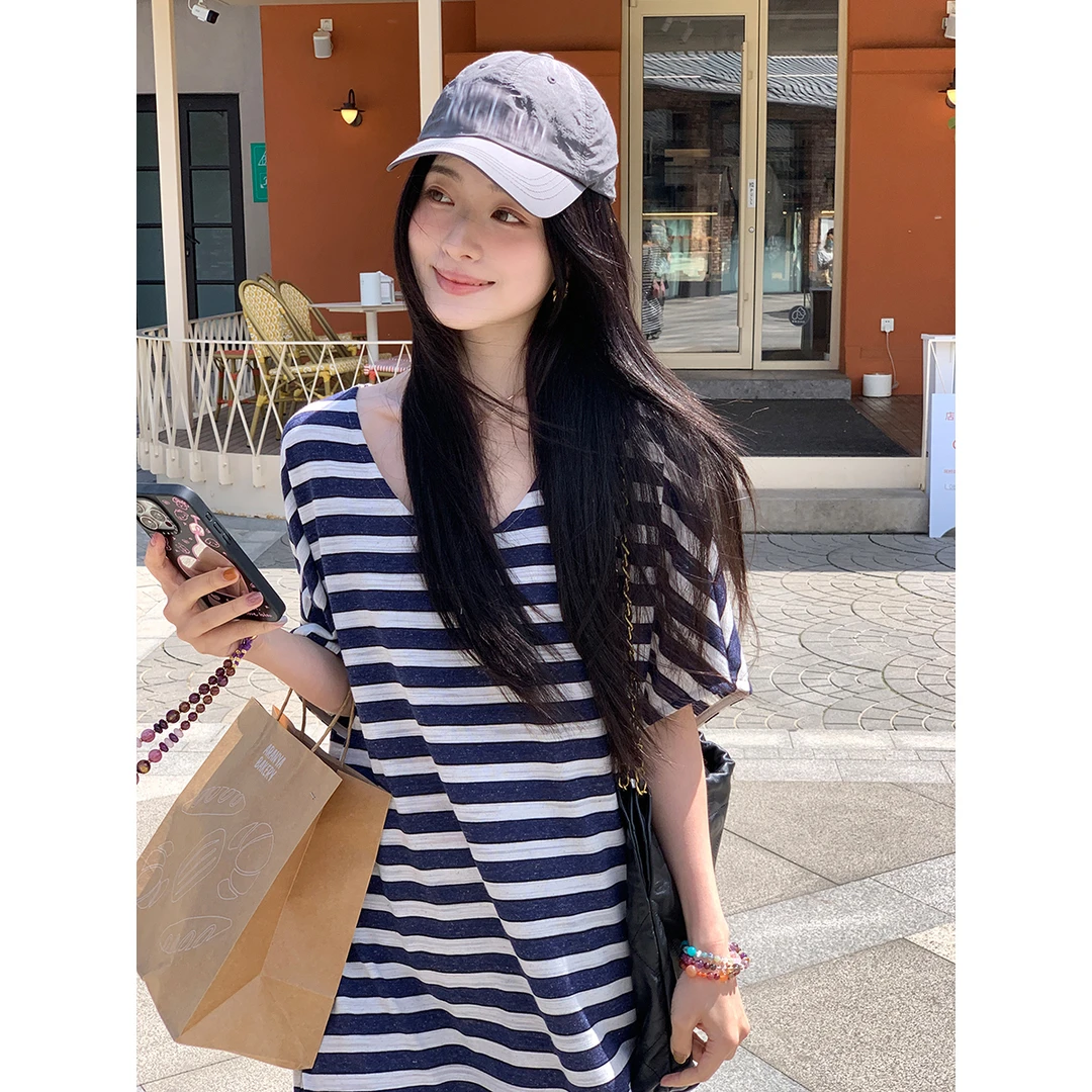 夏诗文 亚麻条纹大U领蝙蝠袖直身宽松连衣裙女夏季