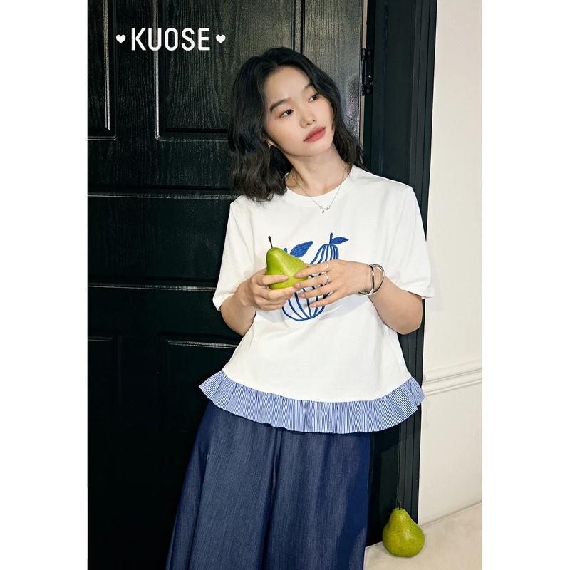 阔色梨子刺绣拼接条纹荷叶边上衣2025春夏新款半袖上衣KSD2503043