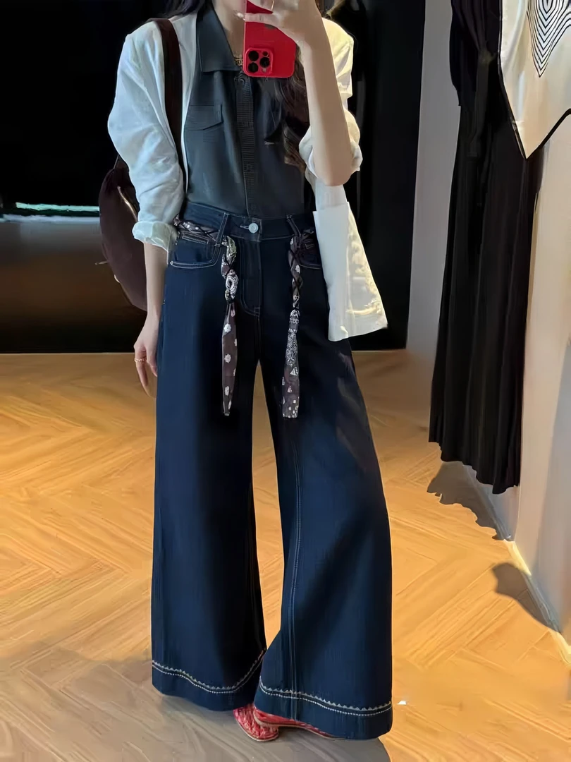 【送丝巾+刺绣+运费险】垂感阔腿牛仔裤女2025秋季新款丝巾高腰宽松