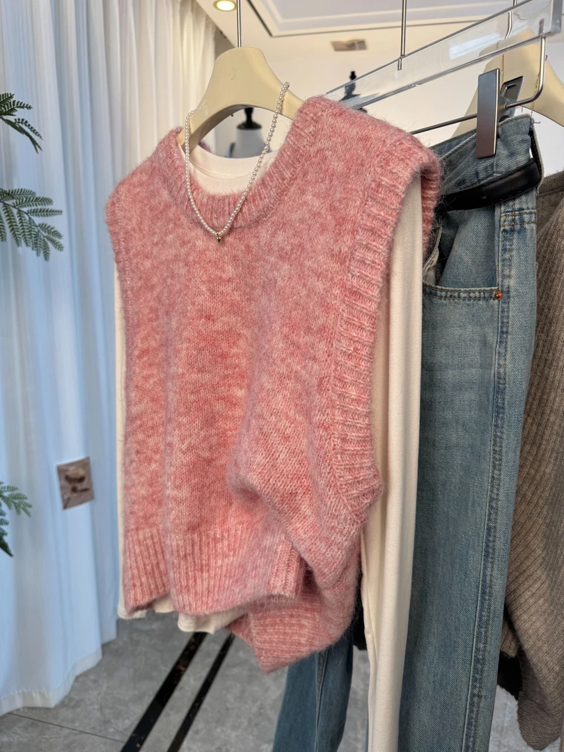 2025春季新款甜美百搭纯色毛衣无袖短款上衣针织圆领马甲背心