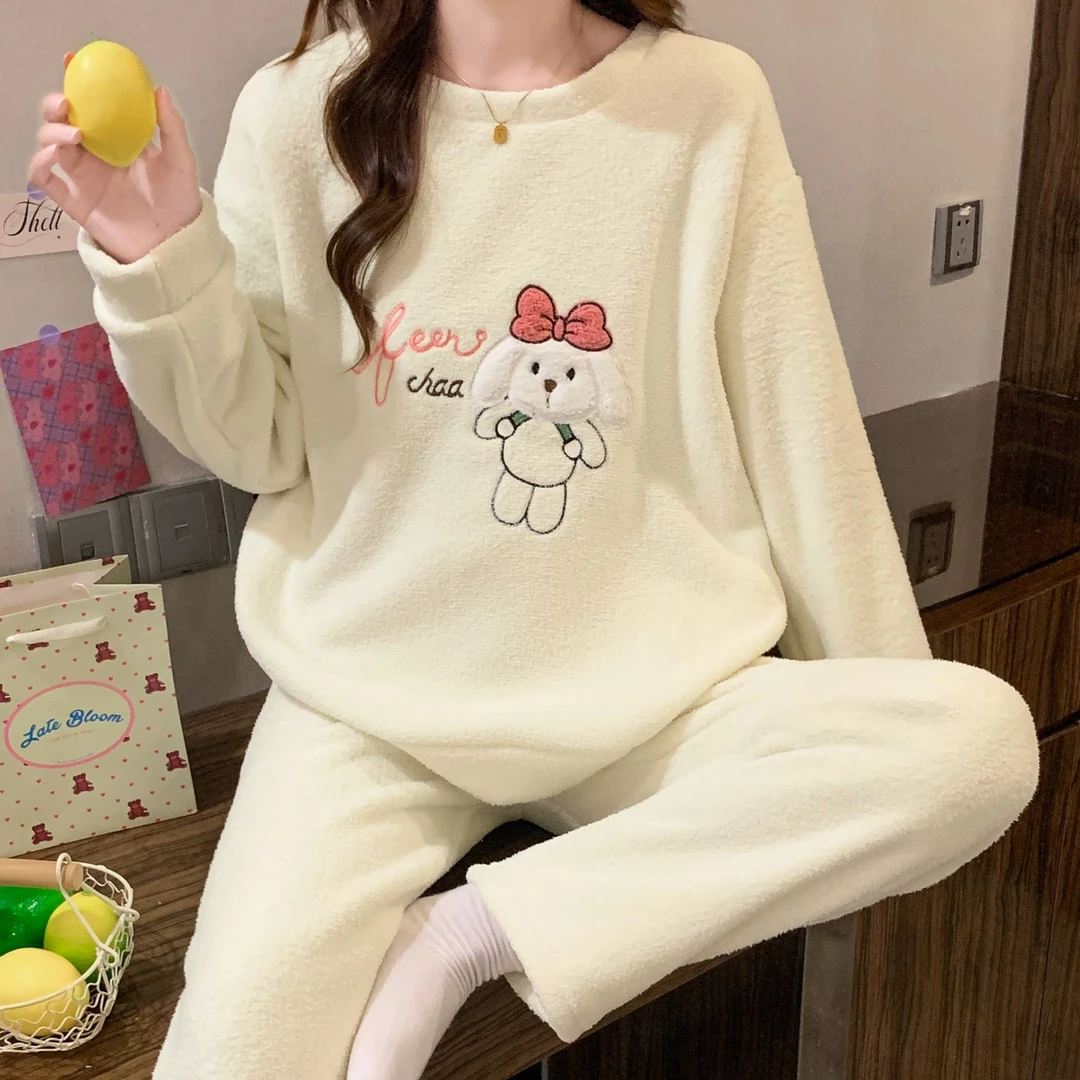 秋冬半边绒休闲圆领睡衣女款冬季珊瑚绒卡通少女保暖家居服可外穿