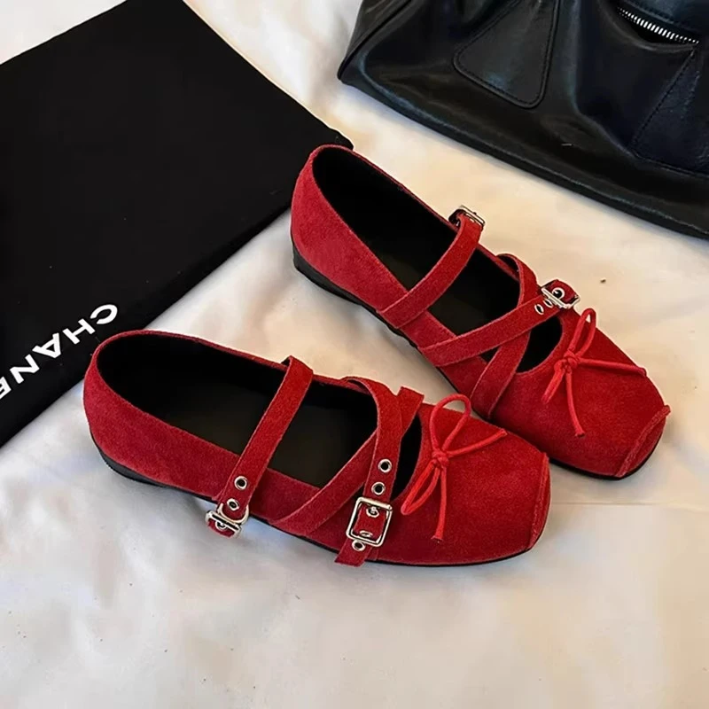 软皮版内增高方蝴蝶结皮带扣银色玛丽珍单鞋软底芭蕾舞鞋女法式
