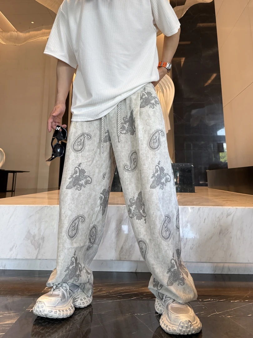 金先生时尚潮流薄款宽松休闲夏季腰果碎印花图案垂感直筒凉凉裤