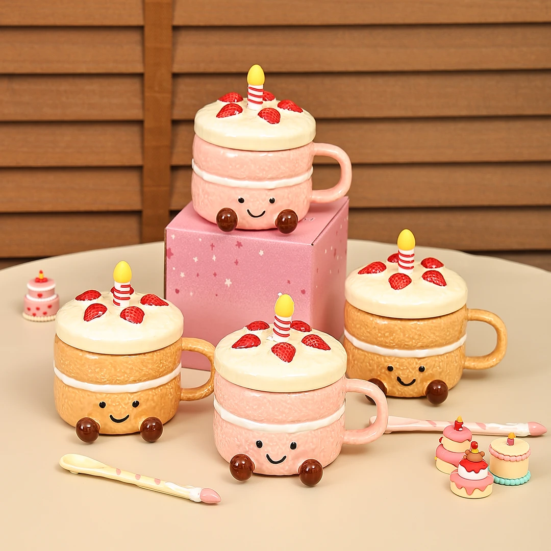 草莓蛋糕杯子陶瓷带盖勺马克杯创意水杯男生生日礼物伴手礼咖啡杯